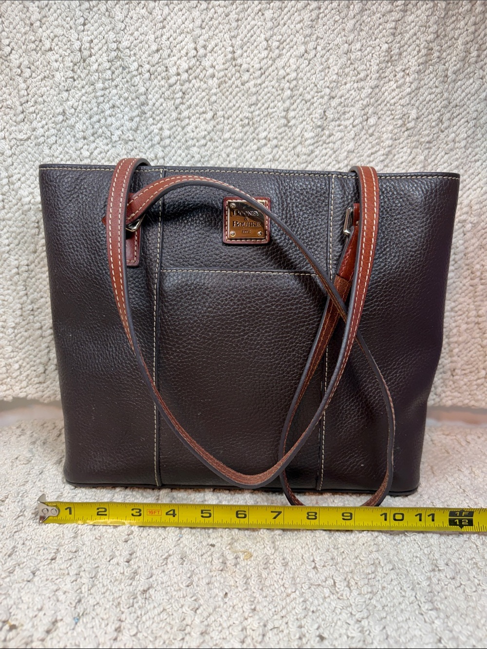 Dooney & Bourke Classic Dark Brown Leather Tote with Tan Trim